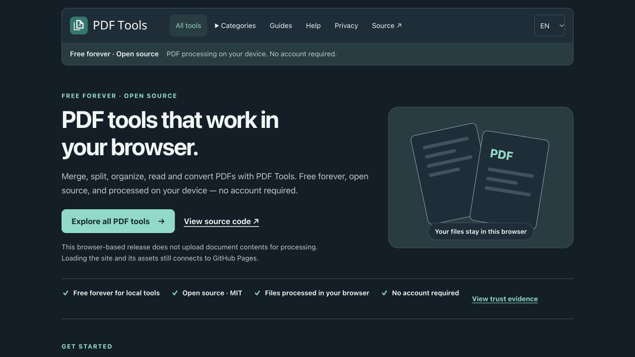 PDF Tools homepage with links to its browser-based PDF workflows and local-processing notice